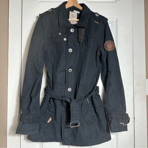 Khujo ‘Frog Plain’ Womens M Military Belted Trench Coat Utility Logo Urban Wear